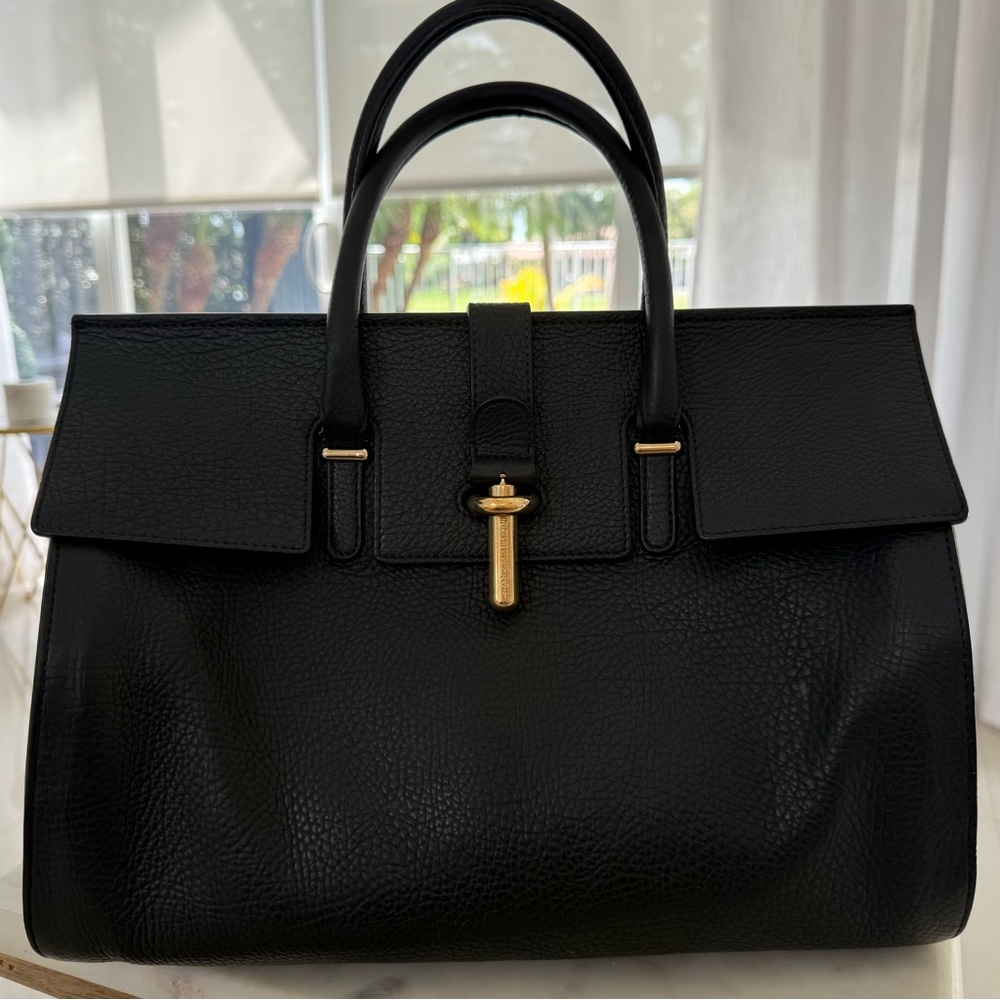 Balenciaga Black Leather Satchel with Gold Accent